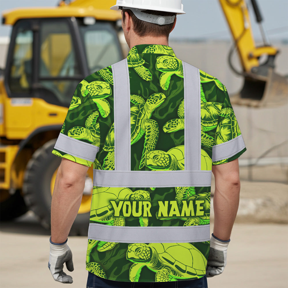 Hi Vis Hawaiian Shirt Reflective Tapes Green Lime Turtle Custom Name Safety Workwear For Workers, Truckers, Operators
