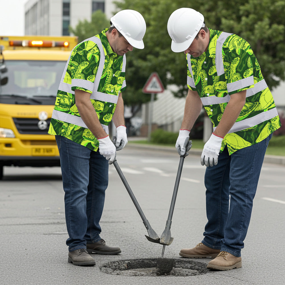 Hi Vis Hawaiian Shirt Reflective Tapes Green Lime Turtle Custom Name Safety Workwear For Workers, Truckers, Operators