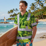Hi Vis Hawaiian Shirt Reflective Tapes Green Lime Turtle Custom Name Safety Workwear For Workers, Truckers, Operators
