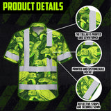 Hi Vis Hawaiian Shirt Reflective Tapes Green Lime Turtle Custom Name Safety Workwear For Workers, Truckers, Operators