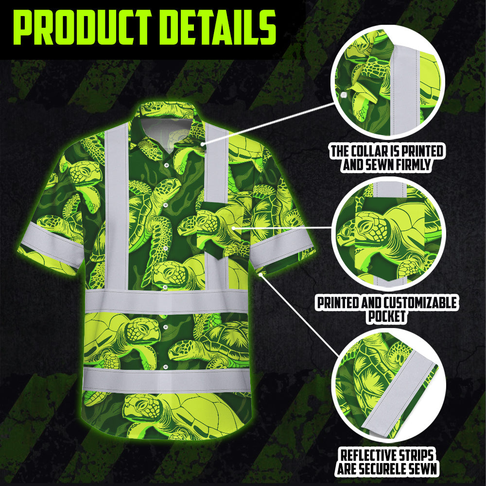 Hi Vis Hawaiian Shirt Reflective Tapes Green Lime Turtle Custom Name Safety Workwear For Workers, Truckers, Operators