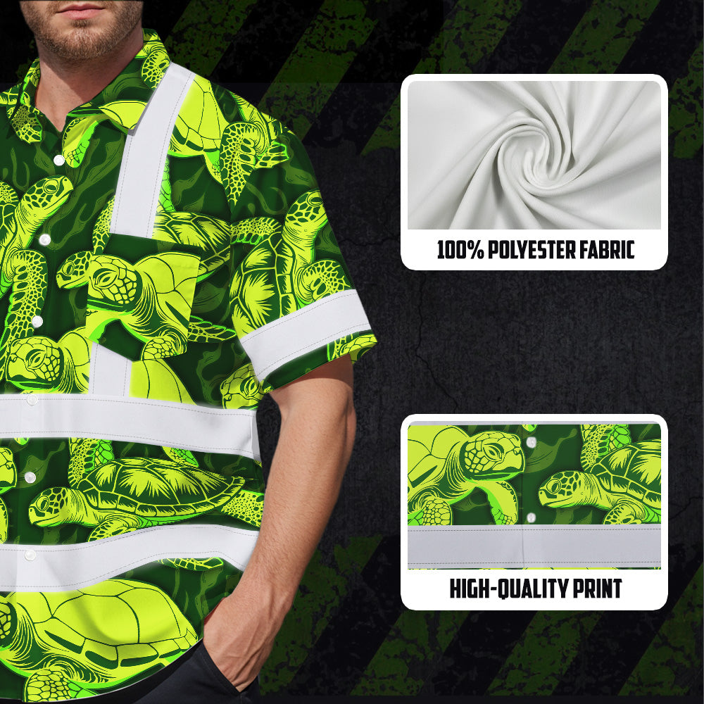 Hi Vis Hawaiian Shirt Reflective Tapes Green Lime Turtle Custom Name Safety Workwear For Workers, Truckers, Operators