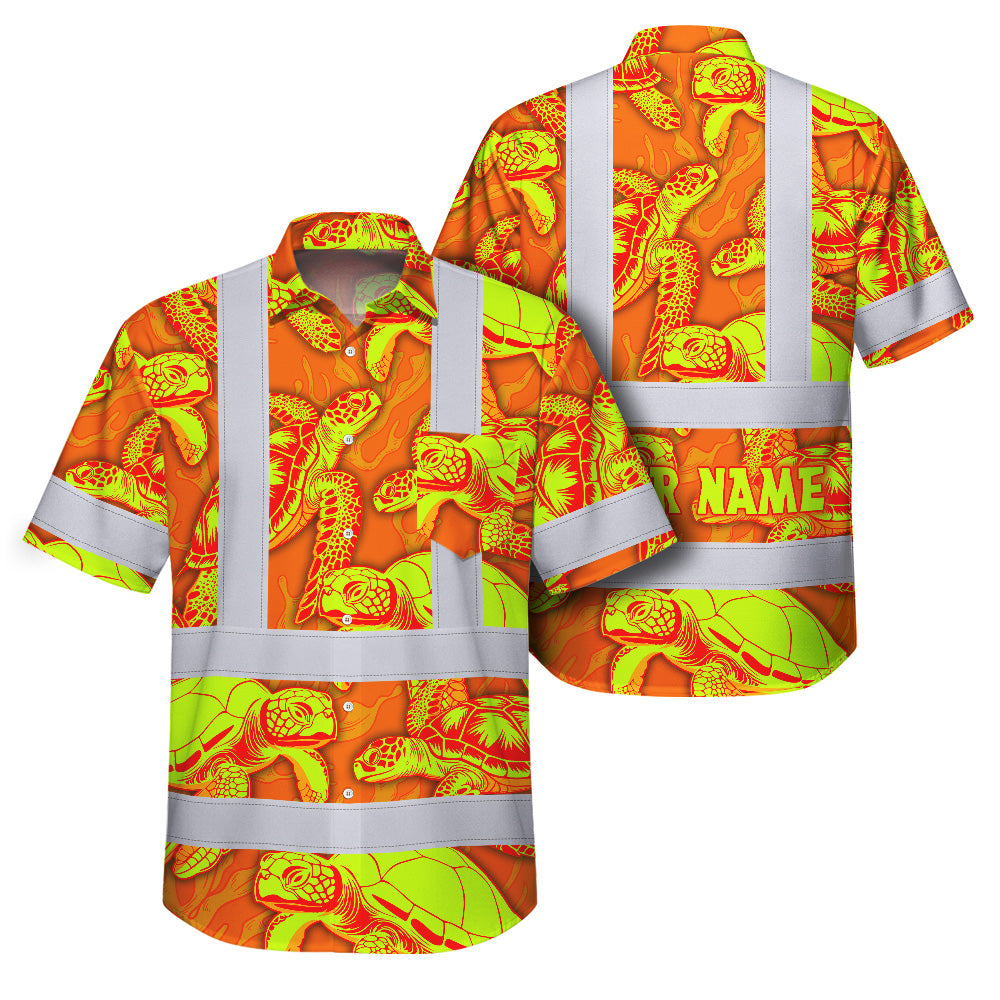 Hi Vis Hawaiian Shirt Reflective Tapes Orange Lime Turtle Custom Name Safety Workwear For Workers, Truckers, Operators