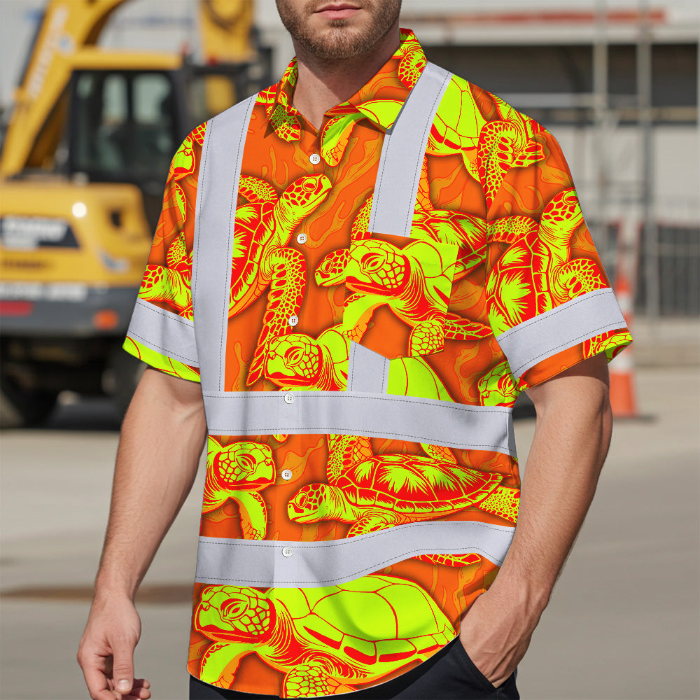 Hi Vis Hawaiian Shirt Reflective Tapes Orange Lime Turtle Custom Name Safety Workwear For Workers, Truckers, Operators