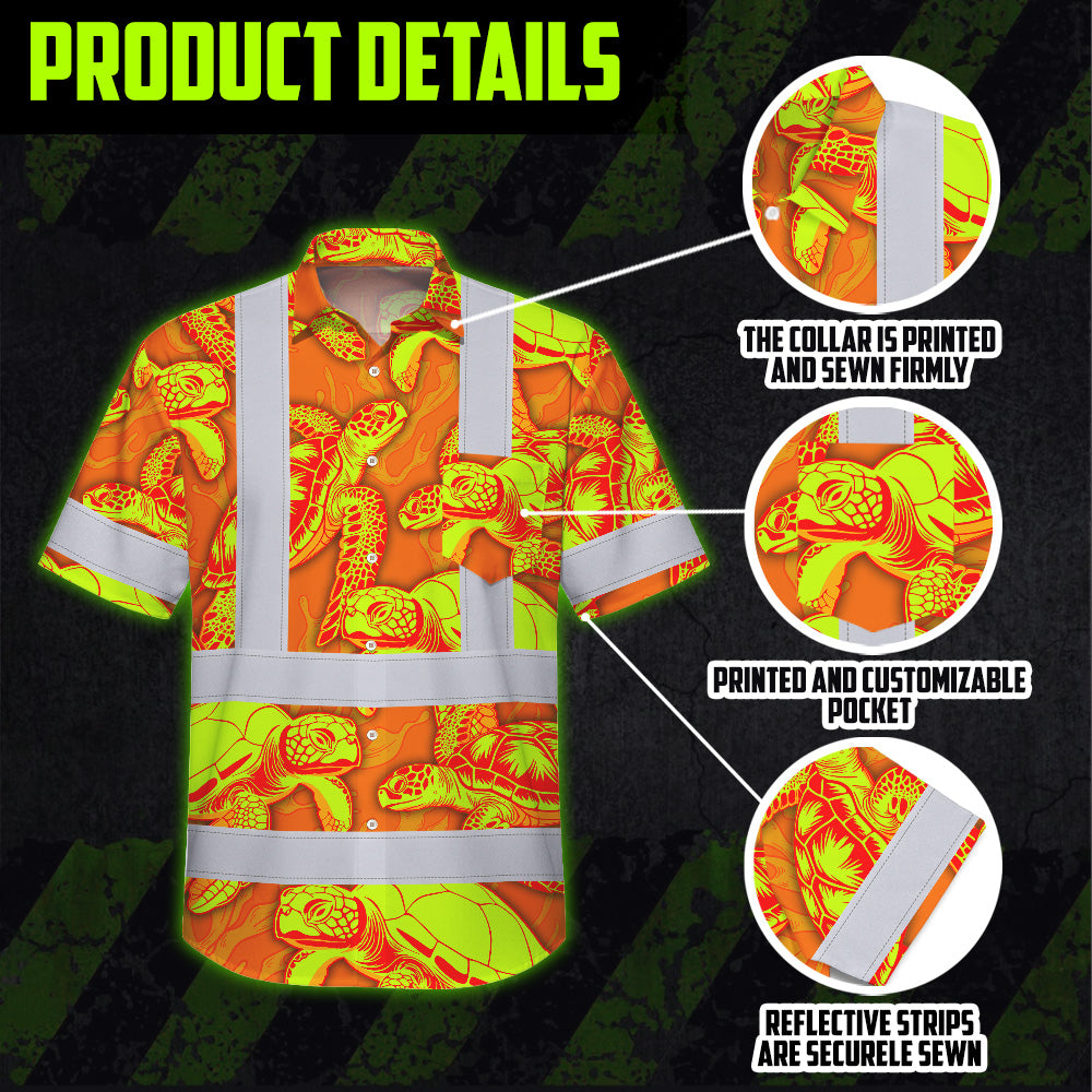 Hi Vis Hawaiian Shirt Reflective Tapes Orange Lime Turtle Custom Name Safety Workwear For Workers, Truckers, Operators