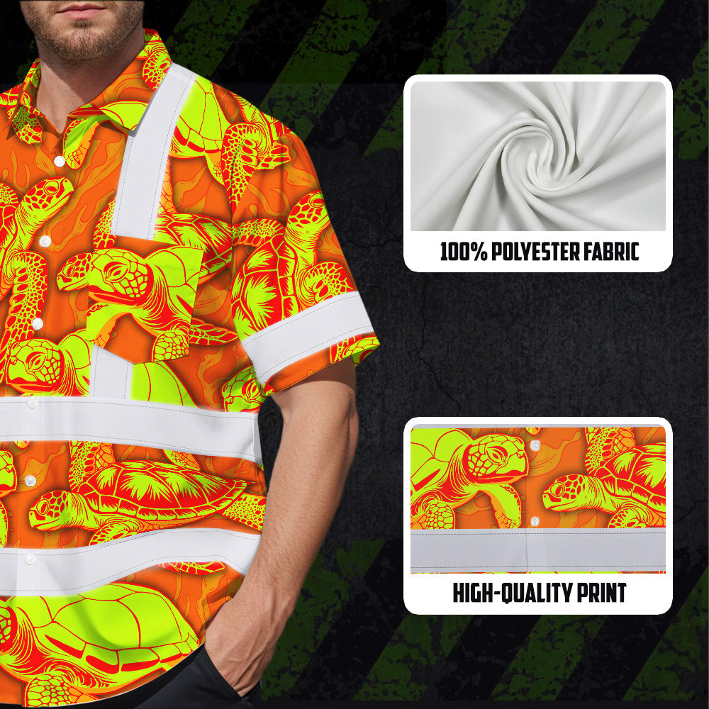 Hi Vis Hawaiian Shirt Reflective Tapes Orange Lime Turtle Custom Name Safety Workwear For Workers, Truckers, Operators