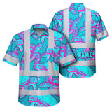 Hi Vis Hawaiian Shirt Reflective Tapes Blue Pink Turtle Custom Name Safety Workwear For Workers, Truckers, Operators