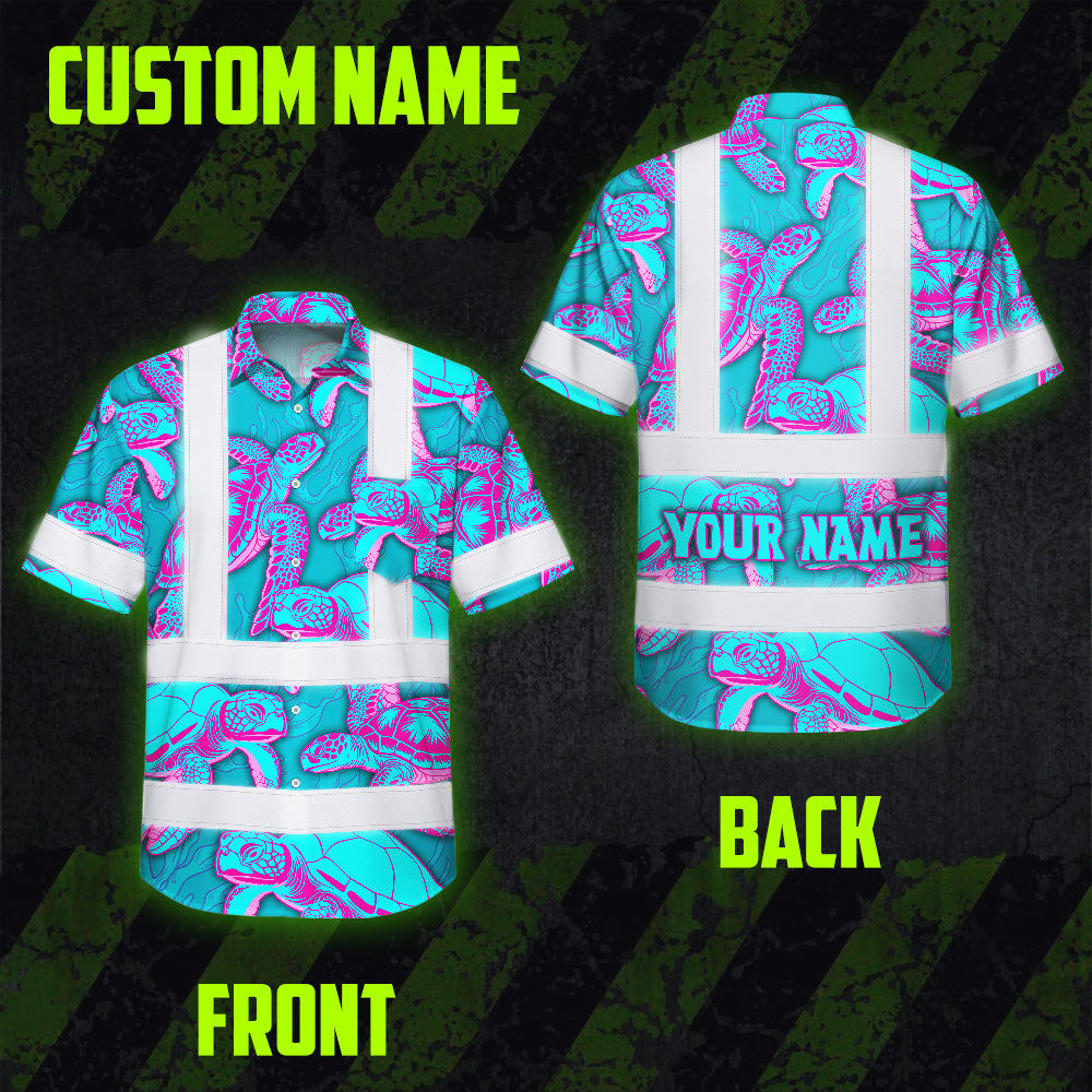 Hi Vis Hawaiian Shirt Reflective Tapes Blue Pink Turtle Custom Name Safety Workwear For Workers, Truckers, Operators