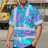 Hi Vis Hawaiian Shirt Reflective Tapes Blue Pink Turtle Custom Name Safety Workwear For Workers, Truckers, Operators