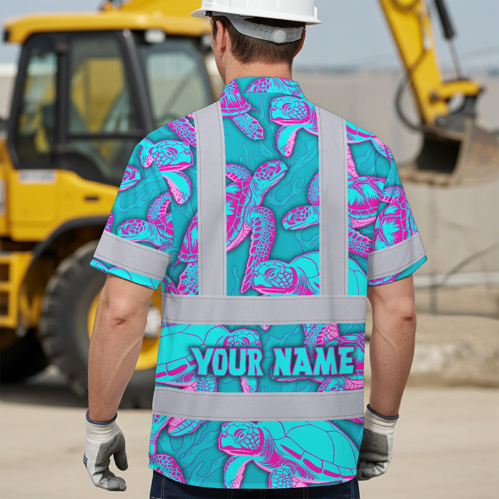 Hi Vis Hawaiian Shirt Reflective Tapes Blue Pink Turtle Custom Name Safety Workwear For Workers, Truckers, Operators