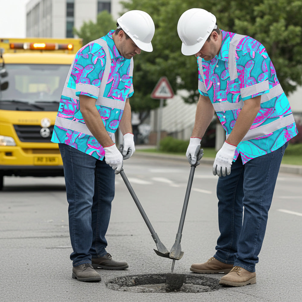 Hi Vis Hawaiian Shirt Reflective Tapes Blue Pink Turtle Custom Name Safety Workwear For Workers, Truckers, Operators