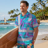 Hi Vis Hawaiian Shirt Reflective Tapes Blue Pink Turtle Custom Name Safety Workwear For Workers, Truckers, Operators