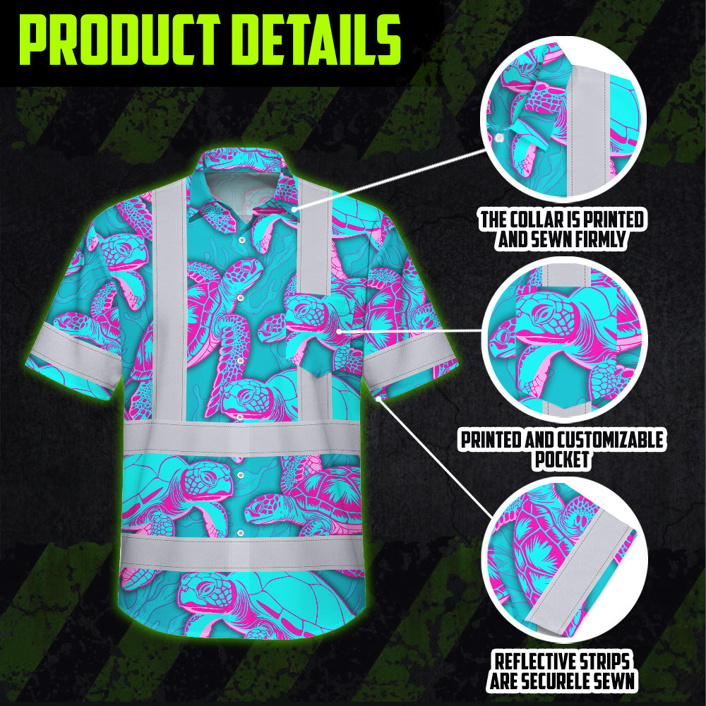 Hi Vis Hawaiian Shirt Reflective Tapes Blue Pink Turtle Custom Name Safety Workwear For Workers, Truckers, Operators