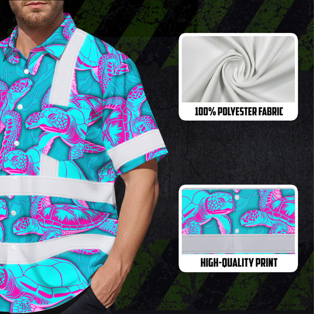 Hi Vis Hawaiian Shirt Reflective Tapes Blue Pink Turtle Custom Name Safety Workwear For Workers, Truckers, Operators