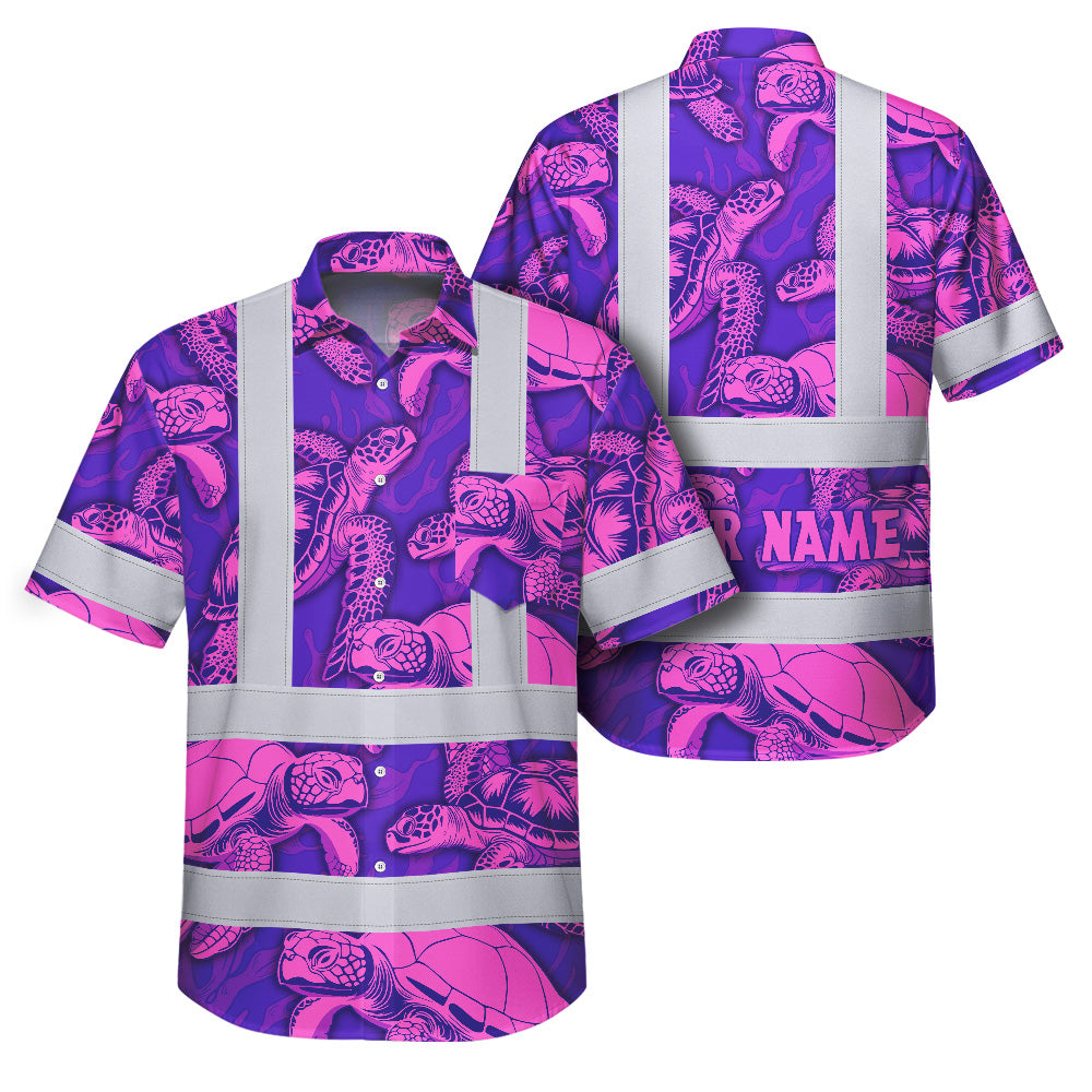 Hi Vis Hawaiian Shirt Reflective Tapes Violet Pink Turtle Custom Name Safety Workwear For Workers, Truckers, Operators
