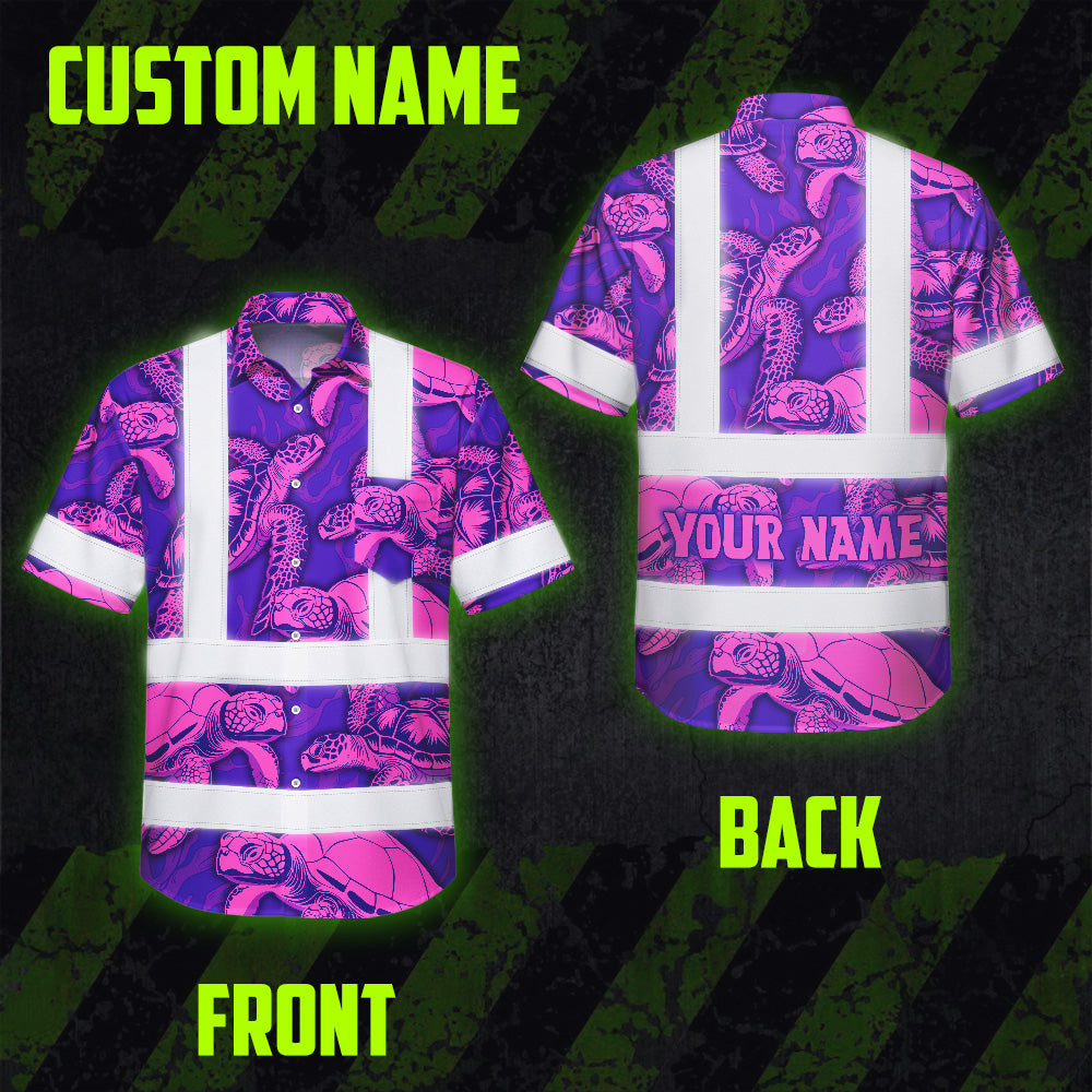 Hi Vis Hawaiian Shirt Reflective Tapes Violet Pink Turtle Custom Name Safety Workwear For Workers, Truckers, Operators