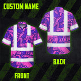 Hi Vis Hawaiian Shirt Reflective Tapes Violet Pink Turtle Custom Name Safety Workwear For Workers, Truckers, Operators
