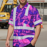 Hi Vis Hawaiian Shirt Reflective Tapes Violet Pink Turtle Custom Name Safety Workwear For Workers, Truckers, Operators
