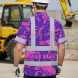 Hi Vis Hawaiian Shirt Reflective Tapes Violet Pink Turtle Custom Name Safety Workwear For Workers, Truckers, Operators