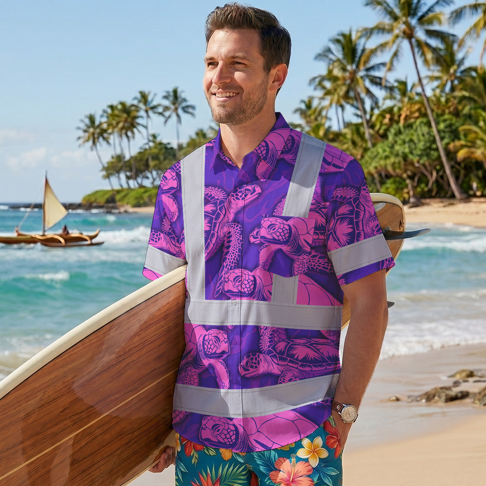 Hi Vis Hawaiian Shirt Reflective Tapes Violet Pink Turtle Custom Name Safety Workwear For Workers, Truckers, Operators