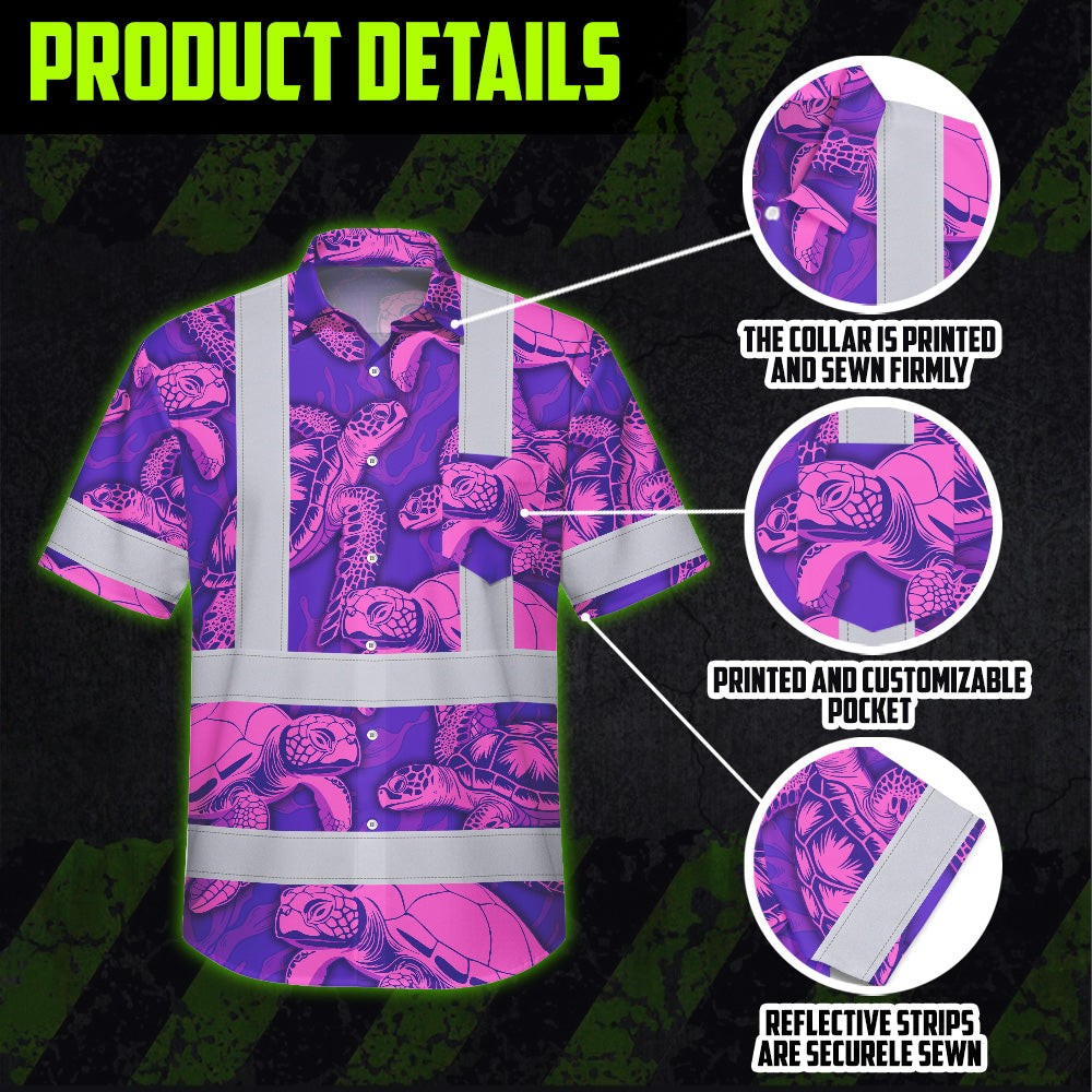 Hi Vis Hawaiian Shirt Reflective Tapes Violet Pink Turtle Custom Name Safety Workwear For Workers, Truckers, Operators
