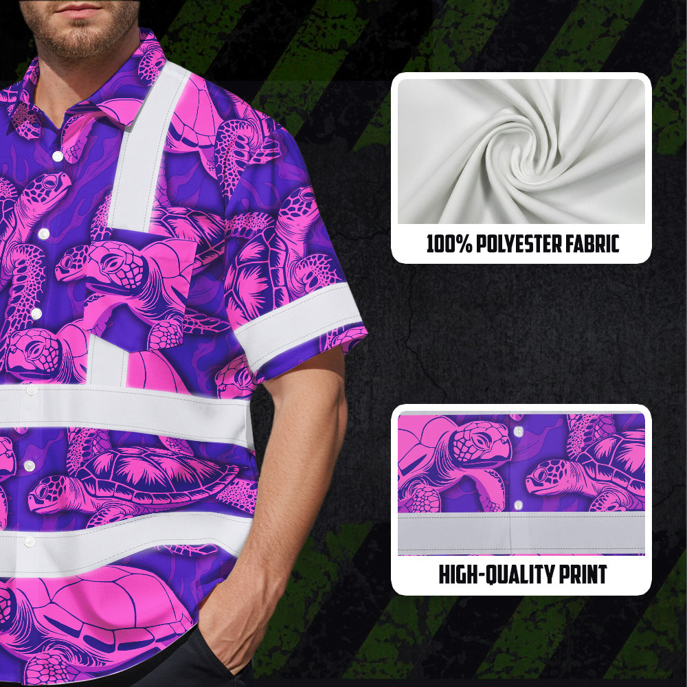 Hi Vis Hawaiian Shirt Reflective Tapes Violet Pink Turtle Custom Name Safety Workwear For Workers, Truckers, Operators