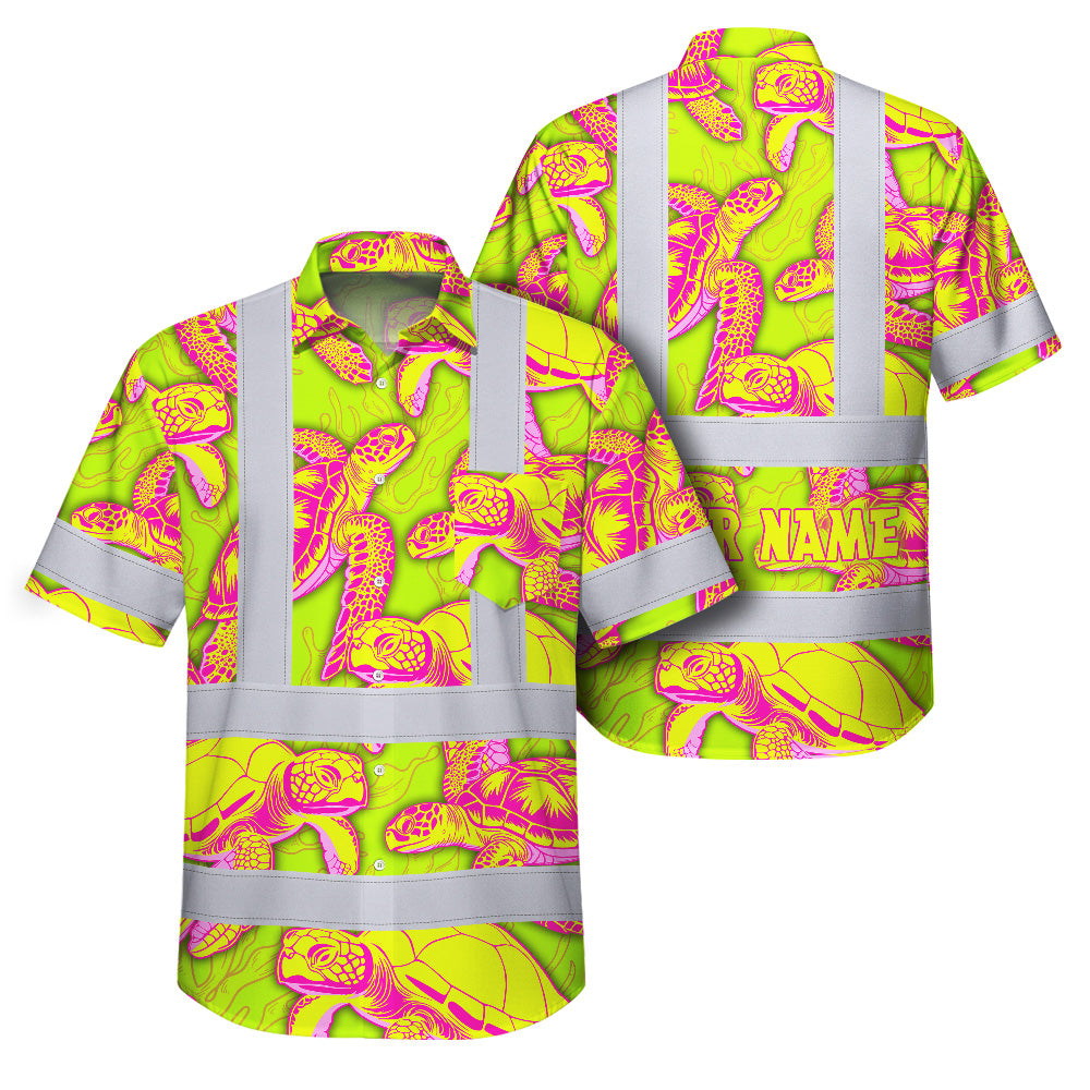 Hi Vis Hawaiian Shirt Reflective Tapes Yellow Pink Turtle Custom Name Safety Workwear For Workers, Truckers, Operators