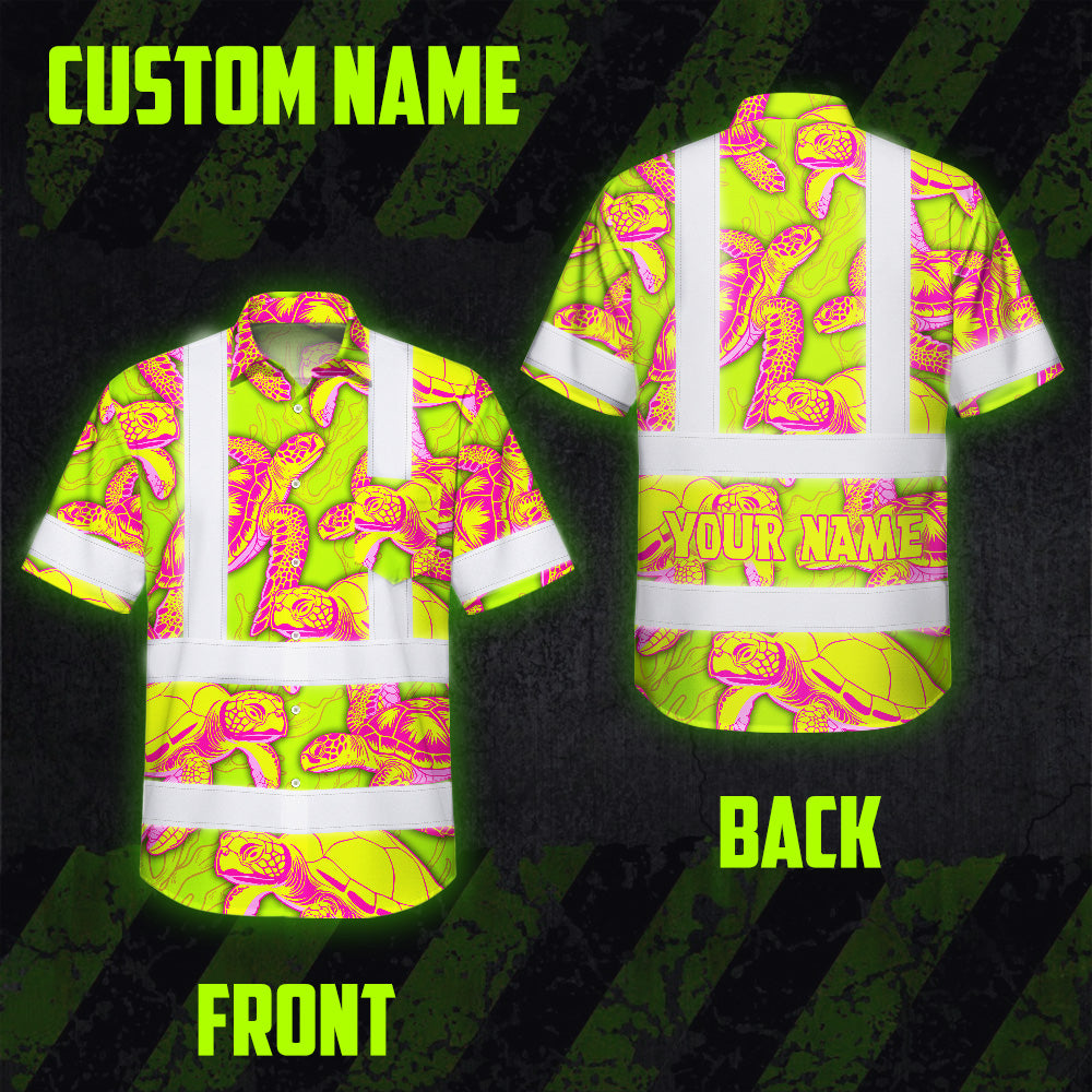 Hi Vis Hawaiian Shirt Reflective Tapes Yellow Pink Turtle Custom Name Safety Workwear For Workers, Truckers, Operators