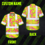 Hi Vis Hawaiian Shirt Reflective Tapes Yellow Pink Turtle Custom Name Safety Workwear For Workers, Truckers, Operators