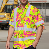 Hi Vis Hawaiian Shirt Reflective Tapes Yellow Pink Turtle Custom Name Safety Workwear For Workers, Truckers, Operators