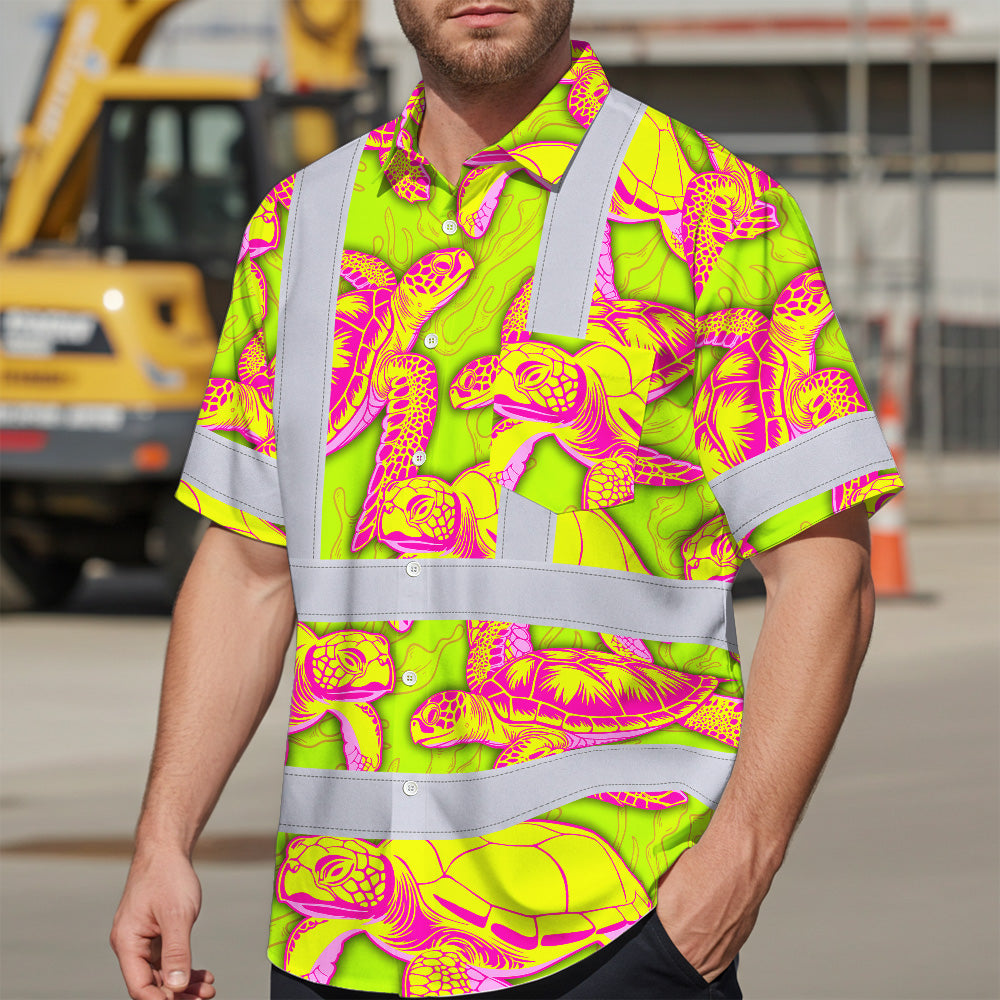 Hi Vis Hawaiian Shirt Reflective Tapes Yellow Pink Turtle Custom Name Safety Workwear For Workers, Truckers, Operators