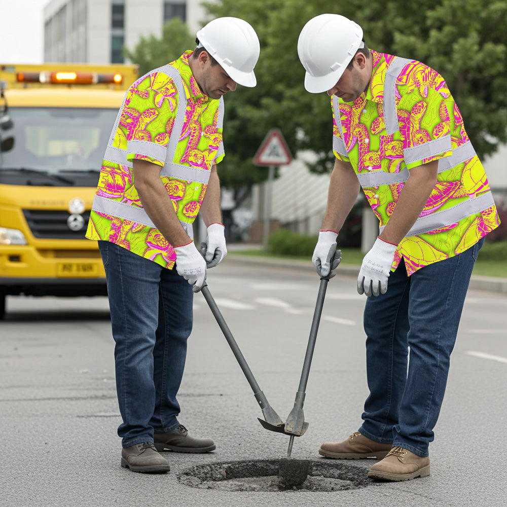 Hi Vis Hawaiian Shirt Reflective Tapes Yellow Pink Turtle Custom Name Safety Workwear For Workers, Truckers, Operators