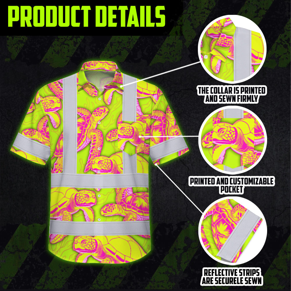 Hi Vis Hawaiian Shirt Reflective Tapes Yellow Pink Turtle Custom Name Safety Workwear For Workers, Truckers, Operators