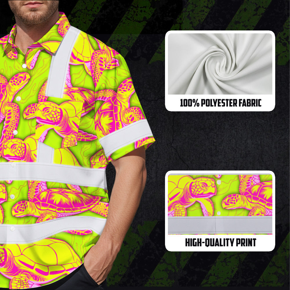 Hi Vis Hawaiian Shirt Reflective Tapes Yellow Pink Turtle Custom Name Safety Workwear For Workers, Truckers, Operators