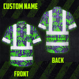 Hi Vis Hawaiian Shirt Reflective Tapes Violet Green Dog Custom Name Safety Workwear For Workers, Truckers, Operators