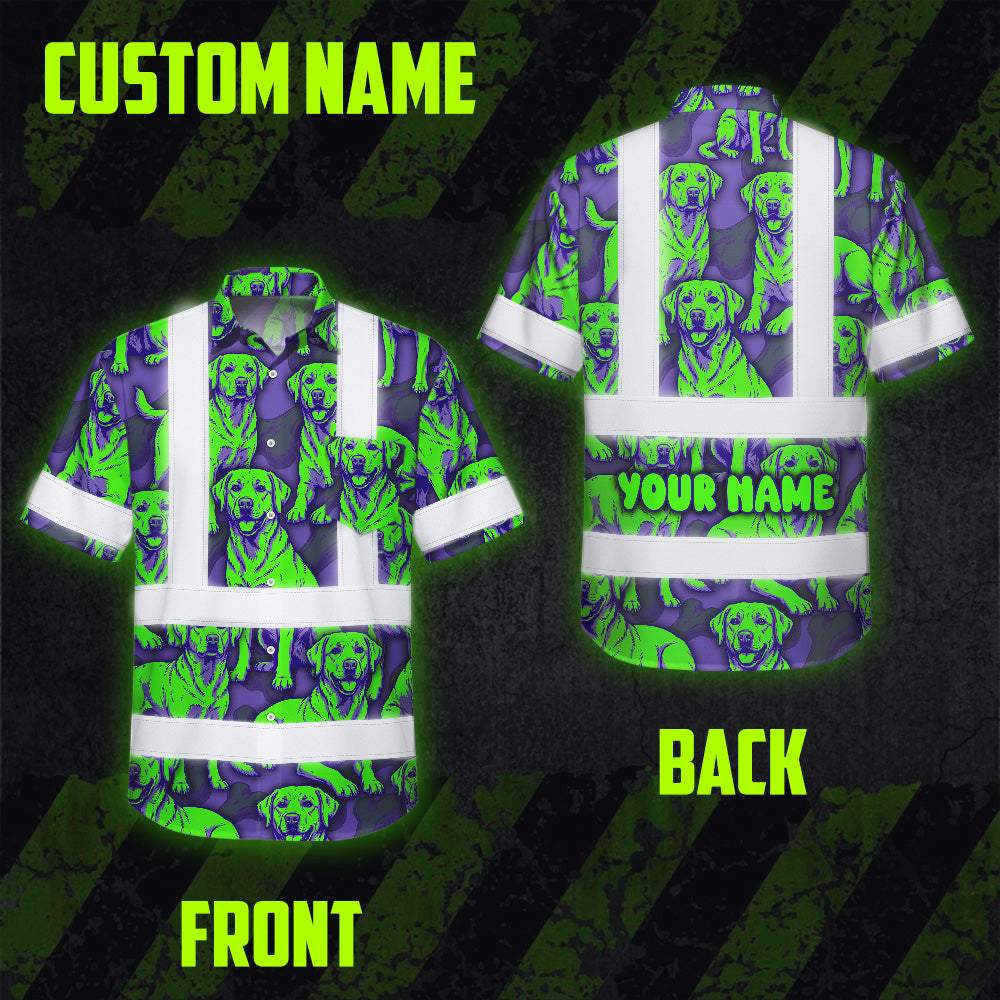 Hi Vis Hawaiian Shirt Reflective Tapes Violet Green Dog Custom Name Safety Workwear For Workers, Truckers, Operators