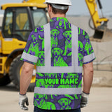 Hi Vis Hawaiian Shirt Reflective Tapes Violet Green Dog Custom Name Safety Workwear For Workers, Truckers, Operators
