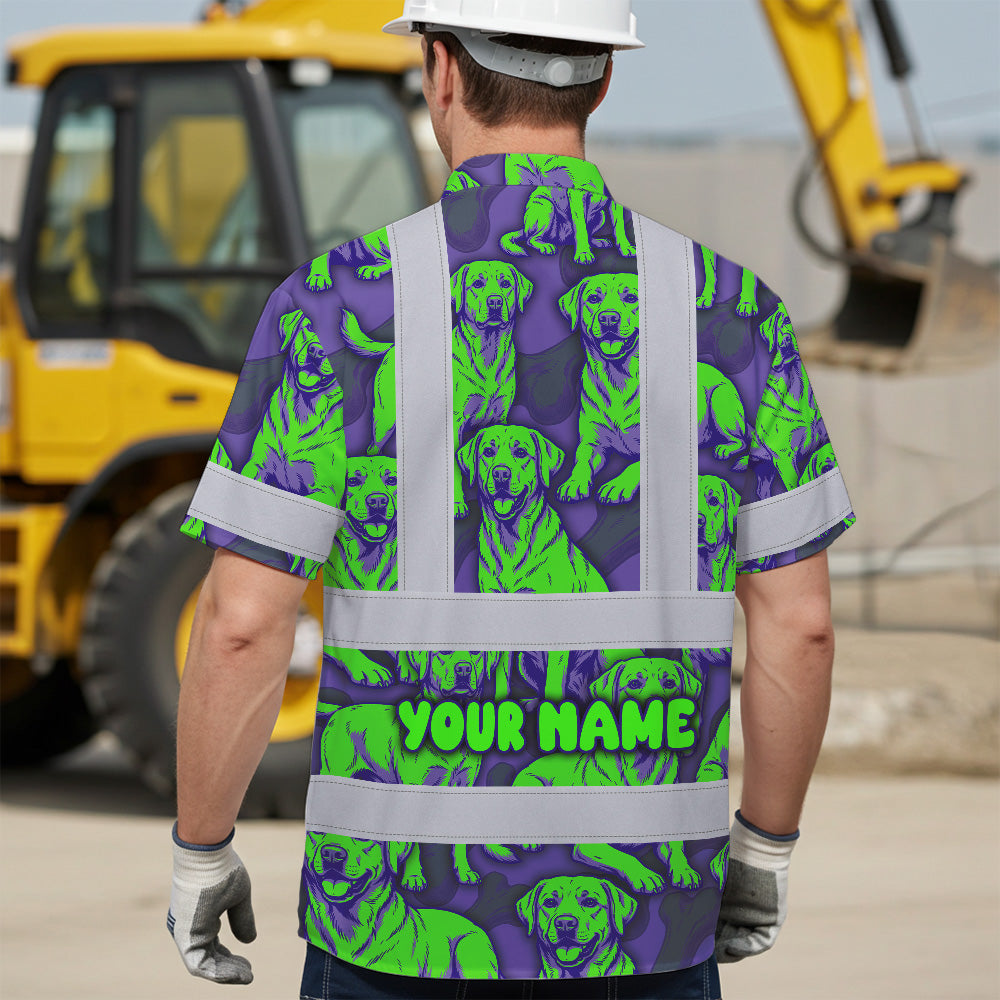 Hi Vis Hawaiian Shirt Reflective Tapes Violet Green Dog Custom Name Safety Workwear For Workers, Truckers, Operators