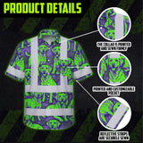 Hi Vis Hawaiian Shirt Reflective Tapes Violet Green Dog Custom Name Safety Workwear For Workers, Truckers, Operators