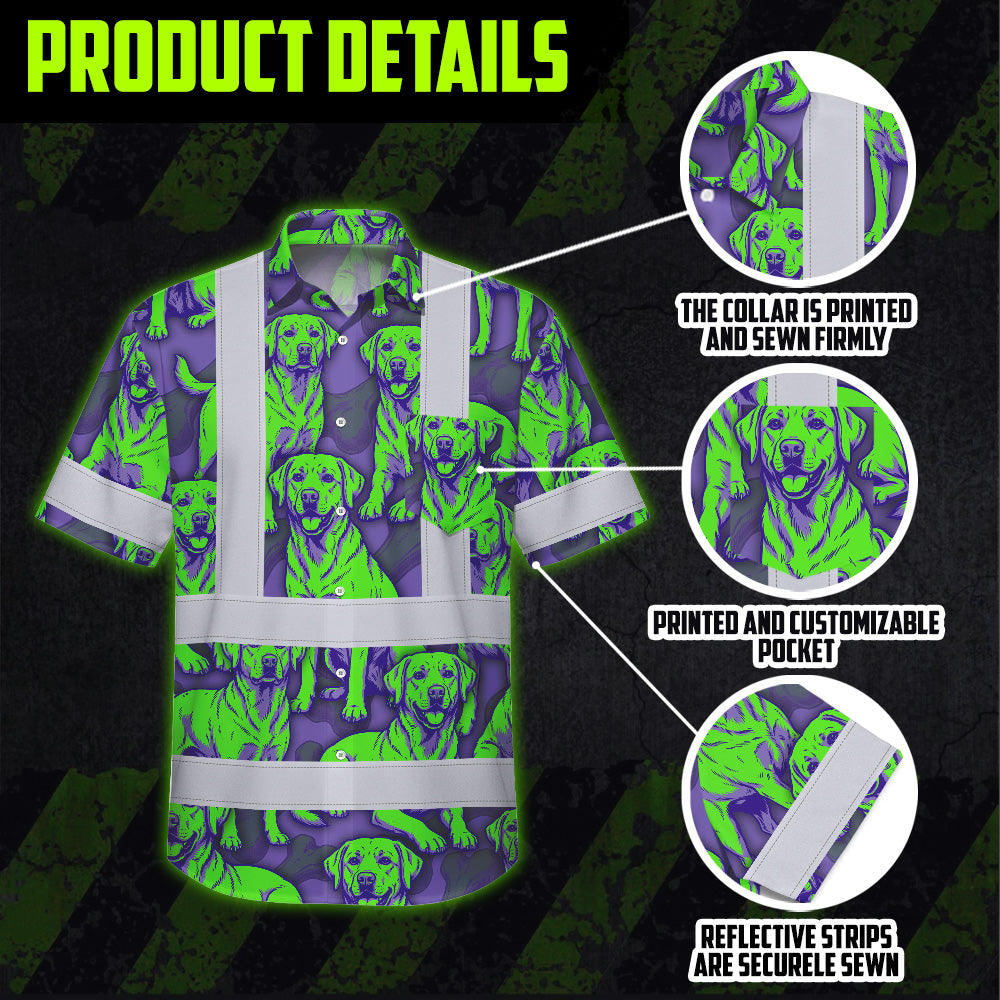 Hi Vis Hawaiian Shirt Reflective Tapes Violet Green Dog Custom Name Safety Workwear For Workers, Truckers, Operators