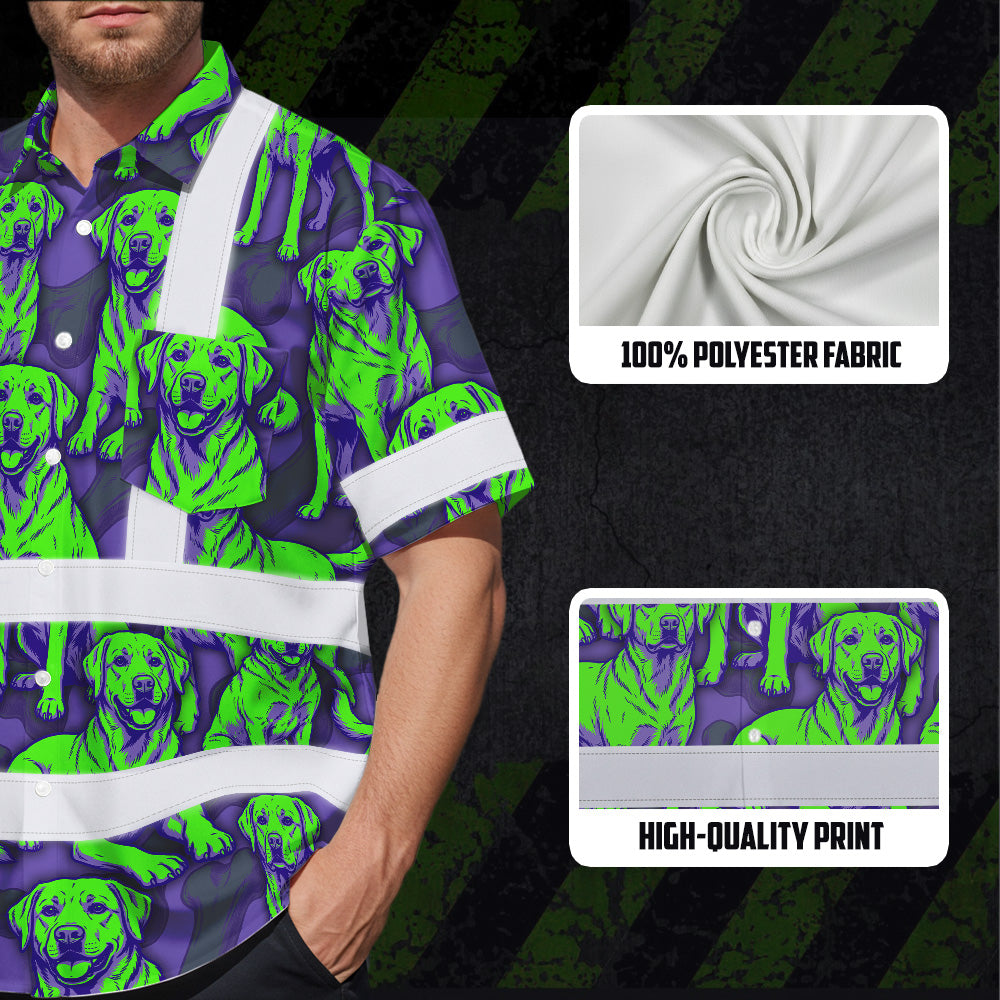 Hi Vis Hawaiian Shirt Reflective Tapes Violet Green Dog Custom Name Safety Workwear For Workers, Truckers, Operators