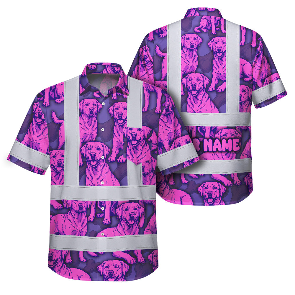 Hi Vis Hawaiian Shirt Reflective Tapes Violet Pink Dog Custom Name Safety Workwear For Workers, Truckers, Operators