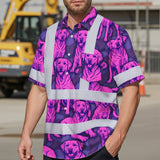 Hi Vis Hawaiian Shirt Reflective Tapes Violet Pink Dog Custom Name Safety Workwear For Workers, Truckers, Operators