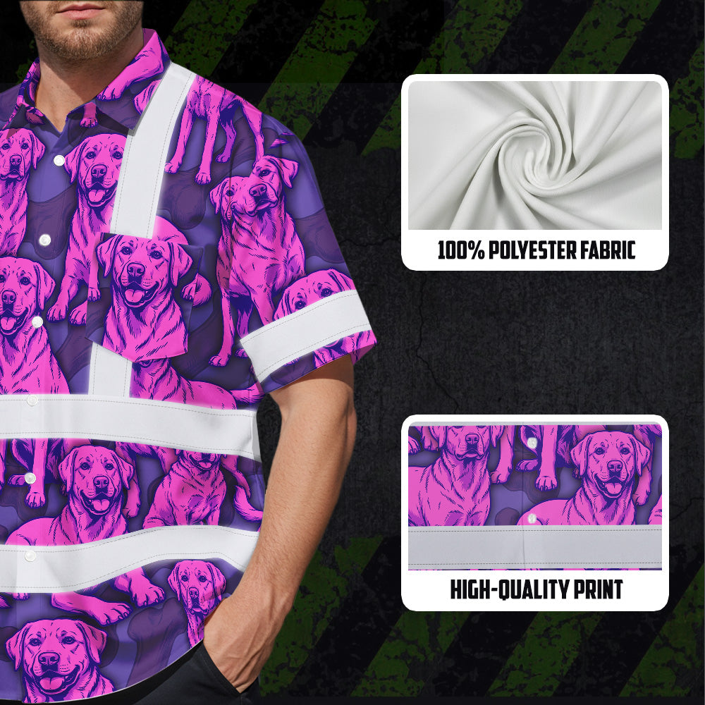 Hi Vis Hawaiian Shirt Reflective Tapes Violet Pink Dog Custom Name Safety Workwear For Workers, Truckers, Operators