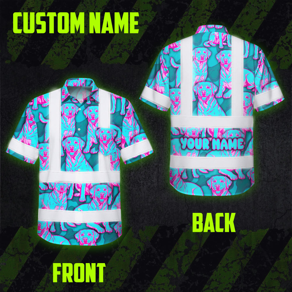 Hi Vis Hawaiian Shirt Reflective Tapes Blue Pink Dog Custom Name Safety Workwear For Workers, Truckers, Operators