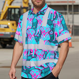 Hi Vis Hawaiian Shirt Reflective Tapes Blue Pink Dog Custom Name Safety Workwear For Workers, Truckers, Operators