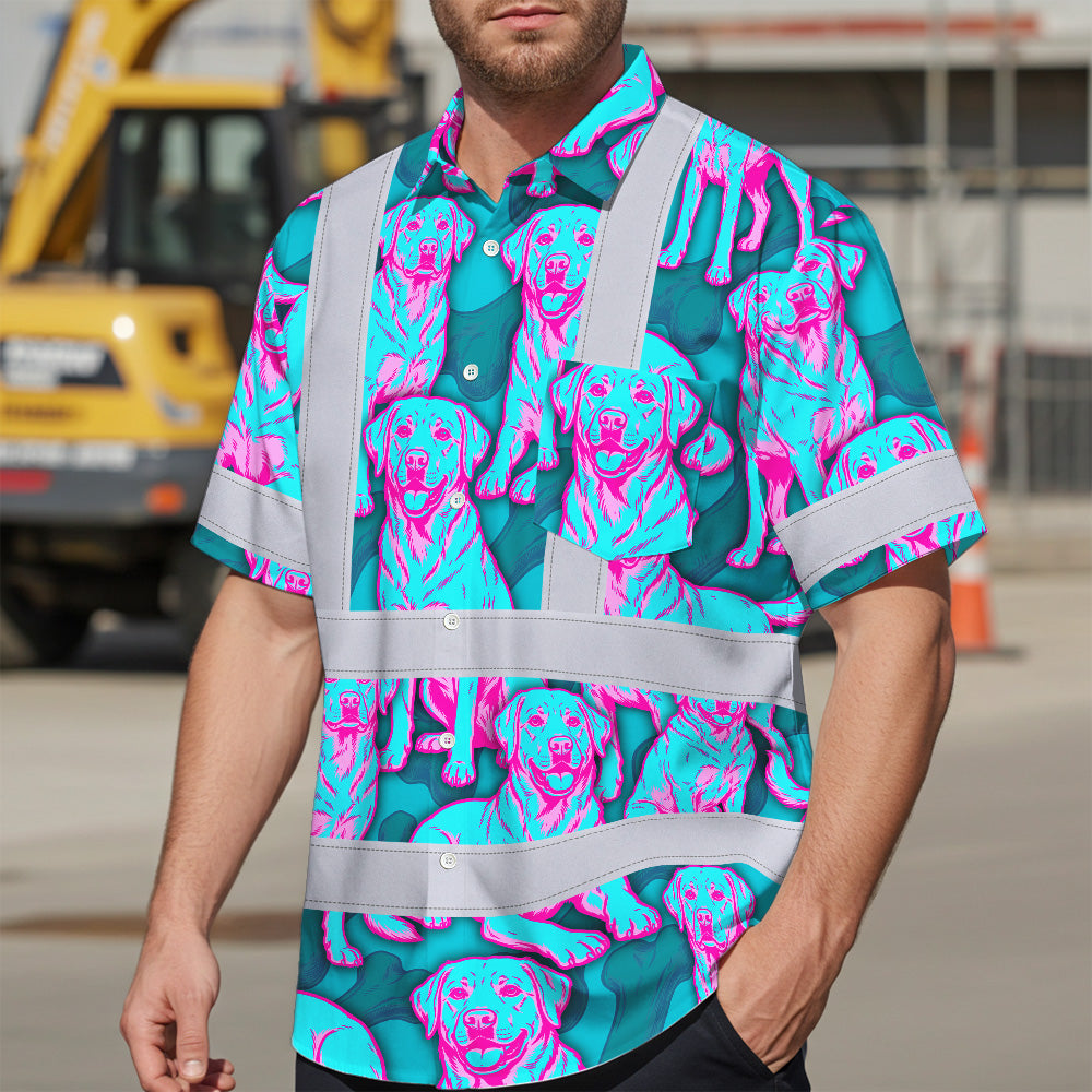 Hi Vis Hawaiian Shirt Reflective Tapes Blue Pink Dog Custom Name Safety Workwear For Workers, Truckers, Operators