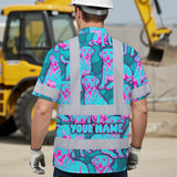 Hi Vis Hawaiian Shirt Reflective Tapes Blue Pink Dog Custom Name Safety Workwear For Workers, Truckers, Operators