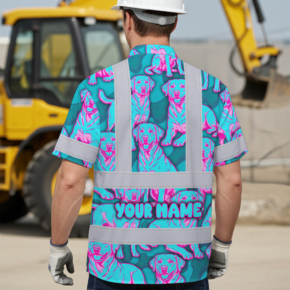Hi Vis Hawaiian Shirt Reflective Tapes Blue Pink Dog Custom Name Safety Workwear For Workers, Truckers, Operators
