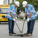 Hi Vis Hawaiian Shirt Reflective Tapes Blue Pink Dog Custom Name Safety Workwear For Workers, Truckers, Operators